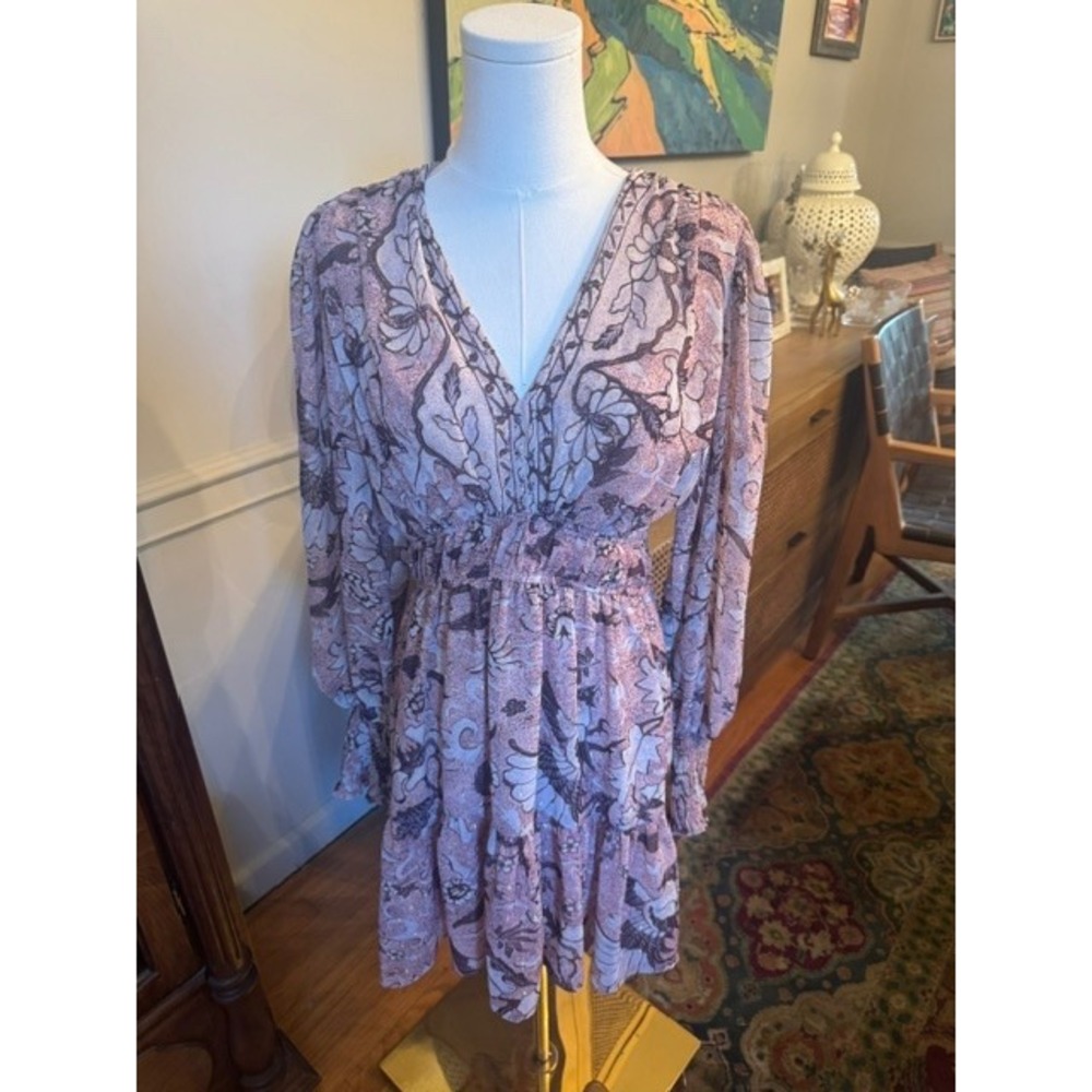 Aqua Floral Bird Print Metallic Gold Dot Smocked Mini Dress Mauve Purple Small